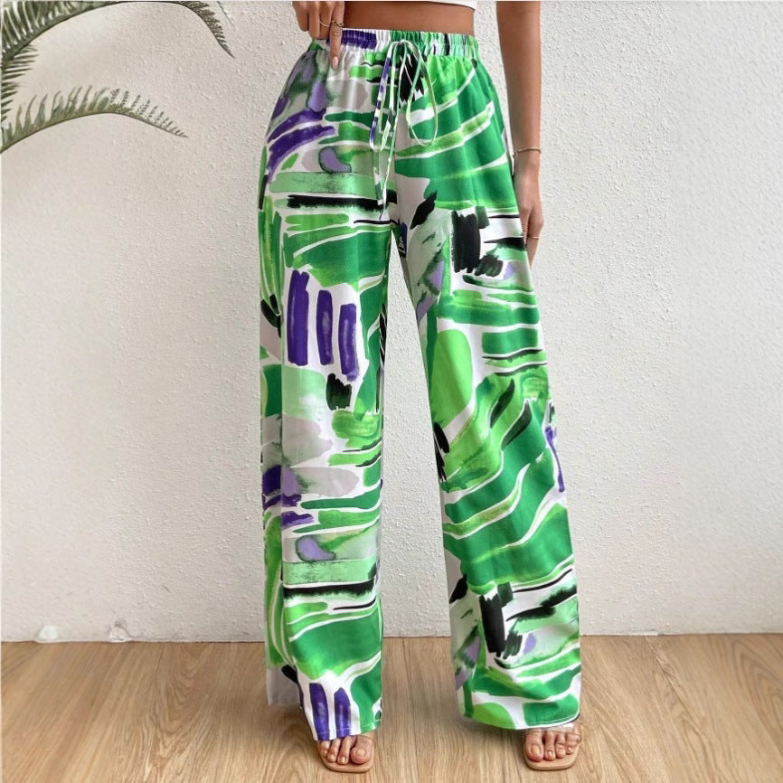 Pantaloni Largi pentru Femei – Imprimare Abstractă – Talie Elastică – Croi Ușor și Fluid