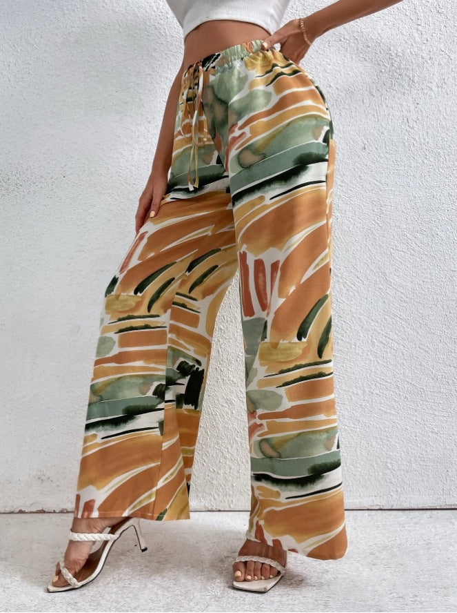 Pantaloni Largi pentru Femei – Imprimare Abstractă – Talie Elastică – Croi Ușor și Fluid